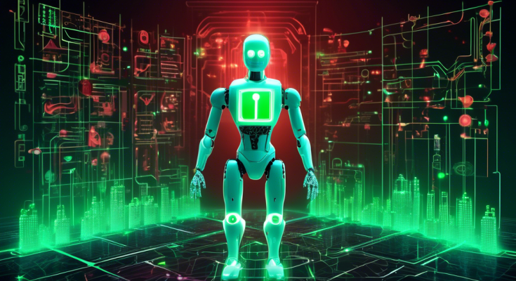 Create an image illustrating a futuristic digital landscape where a humanoid robot, partially made of glowing circuits and blockchain symbols, interacts with floating holographic charts and cryptocurrency symbols like Bitcoin and Ethereum. The background should feature a blend of technology and finance elements, with a balance of green (representing benefits) and red (indicating risks) colors illuminating the scene. This visual should convey the dual nature of using crypto bots in the digital financial world.