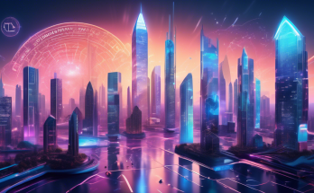 Create an image featuring a futuristic digital landscape representing the year 2023, with prominent skyscrapers symbolizing various top crypto exchanges. Each skyscraper has a unique design inspired by digital and blockchain aesthetics, displaying logos or symbols of popular 2023 crypto exchanges. The scene is bustling with people interacting with virtual interfaces, holographic charts showcasing crypto data, and flying digital coins. The atmosphere should be vibrant and tech-forward, capturing the essence of the thriving cryptocurrency market.