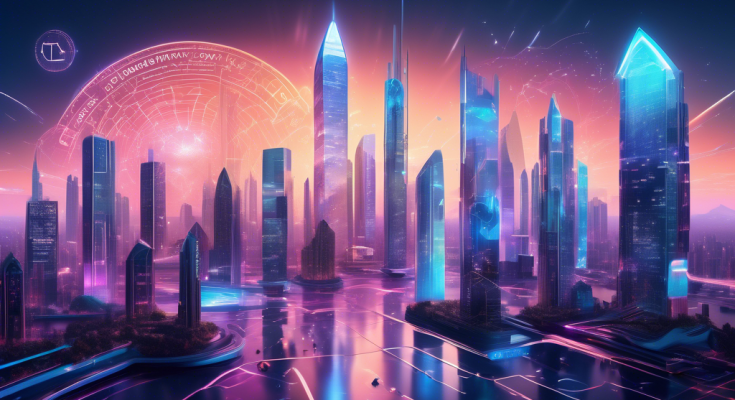 Create an image featuring a futuristic digital landscape representing the year 2023, with prominent skyscrapers symbolizing various top crypto exchanges. Each skyscraper has a unique design inspired by digital and blockchain aesthetics, displaying logos or symbols of popular 2023 crypto exchanges. The scene is bustling with people interacting with virtual interfaces, holographic charts showcasing crypto data, and flying digital coins. The atmosphere should be vibrant and tech-forward, capturing the essence of the thriving cryptocurrency market.