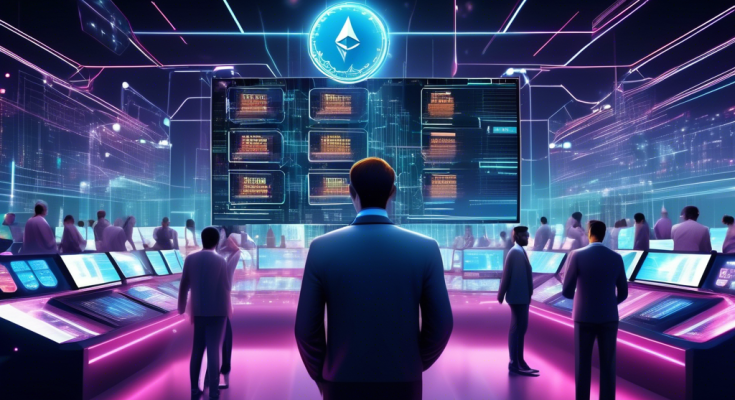 Create an image of a diverse and futuristic cryptocurrency market floor, bustling with activity. Include digital displays showcasing various altcoin symbols such as Ethereum, Ripple, and Cardano, each accompanied by animated graphs indicating growth and potential. The atmosphere should convey a sense of technological innovation, with traders and analysts using advanced gadgets, holographic charts, and virtual reality interfaces to explore new financial possibilities. The setting should be a blend of sleek, modern design and vibrant digital elements, reflecting the dynamic and evolving nature of the altcoin market.