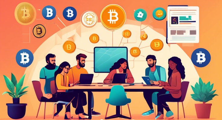 Create an image of a diverse group of people sitting around a table with laptops, tablets, and smartphones, each displaying different cryptocurrency symbols like Bitcoin, Ethereum, and more. The group is surrounded by educational materials like books and charts labeled Crypto Basics. The setting is modern, bright, and welcoming, with small potted plants and motivational posters on the walls, capturing the essence of a beginner's guide to cryptocurrency.