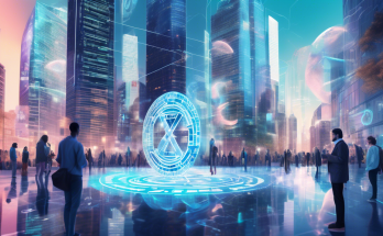 Create an image depicting a futuristic cityscape where digital currency symbols, including Ripple's XRP, are holographically displayed above skyscrapers. In the foreground, individuals using advanced digital devices on the streets are interacting with these currencies, reflecting a seamless integration of digital finance into everyday life. The scene should have a vibrant, forward-thinking atmosphere, symbolizing innovation and the evolution of the digital currency landscape.