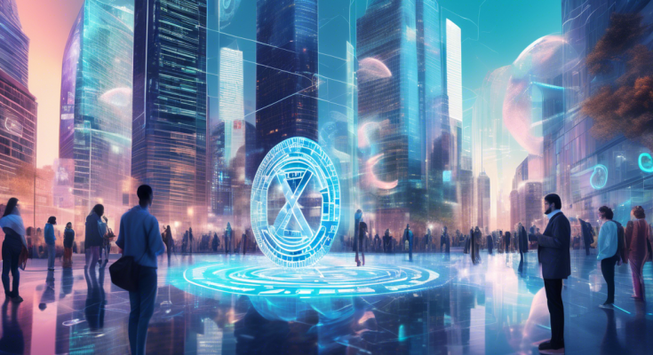 Create an image depicting a futuristic cityscape where digital currency symbols, including Ripple's XRP, are holographically displayed above skyscrapers. In the foreground, individuals using advanced digital devices on the streets are interacting with these currencies, reflecting a seamless integration of digital finance into everyday life. The scene should have a vibrant, forward-thinking atmosphere, symbolizing innovation and the evolution of the digital currency landscape.