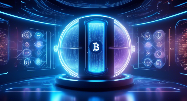 Create an image of a futuristic digital vault filled with glowing, holographic cryptocurrencies. The vault has high-tech security features and a sleek modern design, representing the advanced technology of 2023. Surrounding the vault are various symbols of cryptocurrencies like Bitcoin, Ethereum, and others, each represented as glowing orbs. The scene is lit with a digital blue hue, giving a sense of security and cutting-edge innovation.