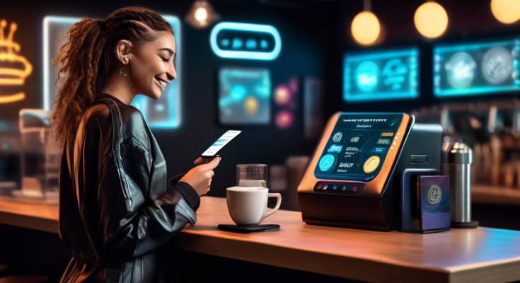 Create an image showcasing a futuristic scene where a person is paying for a coffee at a cafe using a sleek, holographic crypto debit card. The cafe has a modern, cyberpunk aesthetic with digital cryptocurrency symbols subtly integrated into the background decor. The barista is smiling, and the card reader displays various cryptocurrency logos, emphasizing the seamless and diverse benefits of using a crypto debit card. The scene should convey a sense of innovation, ease, and adaptability in financial transactions.