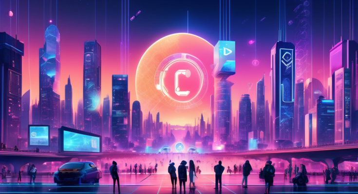 Create an image depicting a futuristic cityscape at dusk, with large digital billboards displaying the symbol for Luna cryptocurrency. The skyline is dotted with modern architecture, incorporating elements of technological advancement and blockchain motifs. In the foreground, diverse people and robots are interacting harmoniously, exchanging digital assets through transparent, holographic interfaces. The atmosphere should be vibrant yet enigmatic, reflecting both the optimism and complexity of Terra's digital asset sphere.