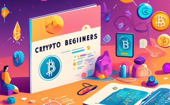 Create an image illustrating a friendly and colorful guidebook titled 'Crypto for Beginners' resting on a desk. The guidebook's cover features digital currency symbols such as Bitcoin and Ethereum, alongside cartoon characters exploring a vibrant digital landscape. The background of the scene includes a computer monitor displaying a simple cryptocurrency graph, emphasizing a welcoming and educational atmosphere for newcomers to the world of cryptocurrency.