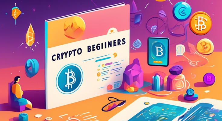 Create an image illustrating a friendly and colorful guidebook titled 'Crypto for Beginners' resting on a desk. The guidebook's cover features digital currency symbols such as Bitcoin and Ethereum, alongside cartoon characters exploring a vibrant digital landscape. The background of the scene includes a computer monitor displaying a simple cryptocurrency graph, emphasizing a welcoming and educational atmosphere for newcomers to the world of cryptocurrency.