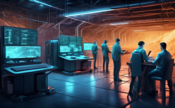 Create an image depicting a futuristic underground crypto mining facility. The scene should show a high-tech environment with rows of advanced computers and glowing servers. People are seen working diligently, analyzing screens that display cryptocurrency statistics. In the foreground, there is a prominent sign reading Free Crypto Mining – Opportunities and Challenges. The setting should convey a sense of both potential and uncertainty, with contrasting elements such as green thriving plants symbolizing growth and innovation, and shadows or cracks in the infrastructure representing potential risks.