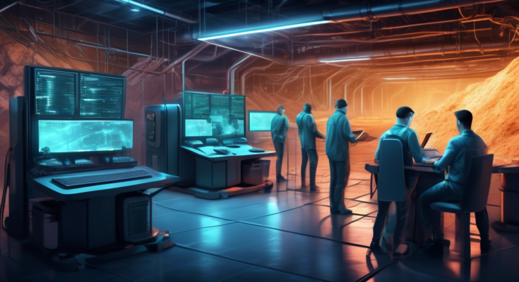 Create an image depicting a futuristic underground crypto mining facility. The scene should show a high-tech environment with rows of advanced computers and glowing servers. People are seen working diligently, analyzing screens that display cryptocurrency statistics. In the foreground, there is a prominent sign reading Free Crypto Mining – Opportunities and Challenges. The setting should convey a sense of both potential and uncertainty, with contrasting elements such as green thriving plants symbolizing growth and innovation, and shadows or cracks in the infrastructure representing potential risks.