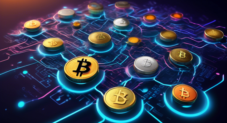 Create an artistic and futuristic illustration of various cryptocurrency coins floating in a digital space, each embossed with unique symbols and colors representing their distinct identities. The background should feature a glowing network of blockchain patterns, suggesting a comprehensive and interconnected digital financial landscape. Include a variety of coins such as Bitcoin, Ethereum, and smaller emerging cryptocurrencies, capturing the diversity and potential of investment opportunities.