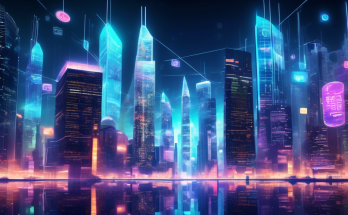 Create an image of a futuristic digital cityscape where towering skyscrapers resemble various blockchain designs and logos. The city is bustling with virtual billboards displaying news headlines and insights from top crypto websites. The scene is illuminated by the glow of holographic news tickers and data graphs floating in the skies, symbolizing real-time updates and trends in the cryptocurrency world.