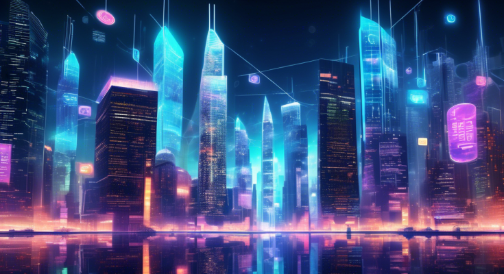 Create an image of a futuristic digital cityscape where towering skyscrapers resemble various blockchain designs and logos. The city is bustling with virtual billboards displaying news headlines and insights from top crypto websites. The scene is illuminated by the glow of holographic news tickers and data graphs floating in the skies, symbolizing real-time updates and trends in the cryptocurrency world.