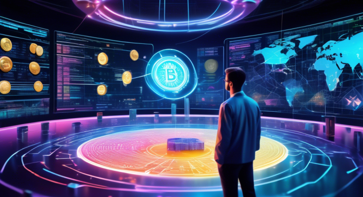 Create an image of a futuristic, digital marketplace where various cryptocurrencies are displayed as shining, holographic coins. Each coin features unique symbols and colors, representing the diversity of top crypto investments for 2023. In the background, an expert trader studies a digital screen filled with graphs and data projections, suggesting informed recommendations and strategic decision-making in the world of cryptocurrency.