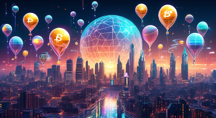 Create an image of a futuristic cityscape where digital coins representing various cryptocurrencies (like Bitcoin, Ethereum, and others) are floating in the sky like balloons. The coins should have holographic projections displaying their symbols and values, creating a dynamic, energy-filled atmosphere. The city should be buzzing with technology, with buildings featuring giant digital screens showing crypto charts and news updates. Include diverse people on the street excitedly discussing and exchanging these digital coins.