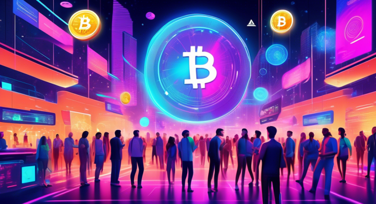 Create an image depicting a futuristic digital marketplace where various cryptocurrencies are visually represented as vibrant, glowing coins with unique designs. The scene is bustling with diverse people excitedly exchanging and discussing these digital assets, set against a backdrop of high-tech displays and holographic charts showcasing real-time trading data and trends. The atmosphere is dynamic and optimistic, reflecting the current excitement around the best cryptocurrencies to invest in.