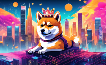 Create an image depicting a digital landscape featuring a Shiba Inu dog wearing a crown, symbolizing its rise in value. The background should include a futuristic cityscape with billboards displaying cryptocurrency symbols and graphs showing upward trends, reflecting the price surge of the Shiba Inu coin. The scene should be vibrant and full of energy, capturing the dynamic nature of the cryptocurrency market.