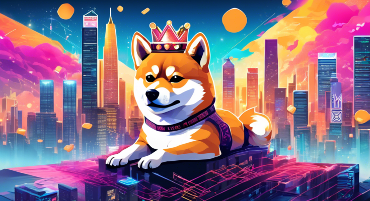 Create an image depicting a digital landscape featuring a Shiba Inu dog wearing a crown, symbolizing its rise in value. The background should include a futuristic cityscape with billboards displaying cryptocurrency symbols and graphs showing upward trends, reflecting the price surge of the Shiba Inu coin. The scene should be vibrant and full of energy, capturing the dynamic nature of the cryptocurrency market.