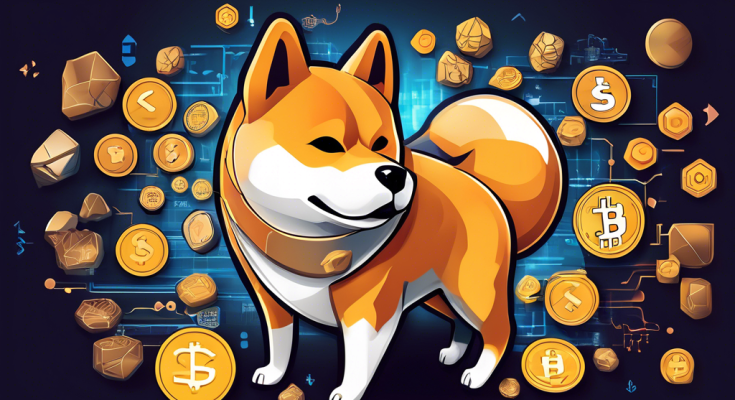 Create an imaginative and informative illustration showcasing a digital Shiba Inu coin, with a backdrop featuring various elements representing cryptocurrency trading platforms, such as logos of popular exchanges, digital graphs, and abstract representations of blockchains. Include a friendly Shiba Inu dog character pointing to different sections that represent pricing information and trading tips, giving the image an educational and engaging vibe.