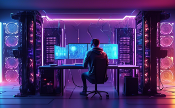 Create an image of a high-tech, futuristic crypto mining rig setup in a sleek, modern room. The rig should be a complex network of gleaming hardware, with multiple graphic cards, cooling fans, and LED lights. The room should have a minimalist design with digital screens displaying cryptocurrency data and graphs. Include a young person with a focused expression, wearing casual clothing, as they adjust the rig, symbolizing a beginner's entry into the world of crypto mining.