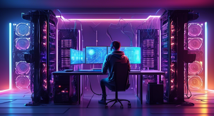 Create an image of a high-tech, futuristic crypto mining rig setup in a sleek, modern room. The rig should be a complex network of gleaming hardware, with multiple graphic cards, cooling fans, and LED lights. The room should have a minimalist design with digital screens displaying cryptocurrency data and graphs. Include a young person with a focused expression, wearing casual clothing, as they adjust the rig, symbolizing a beginner's entry into the world of crypto mining.