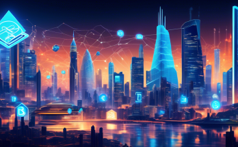 Create an image featuring a futuristic cityscape with elements symbolizing both traditional finance and cryptocurrency. In the foreground, depict a PayPal building with a large, illuminated logo, surrounded by digital symbols representing various cryptocurrencies like Bitcoin, Ethereum, and others. The scene should convey a sense of innovation and technological advancement, blending the worlds of conventional banking and digital currency. Include abstract representations of blockchain networks subtly integrated into the city’s architecture to emphasize the seamless integration of PayPal's crypto ventures.