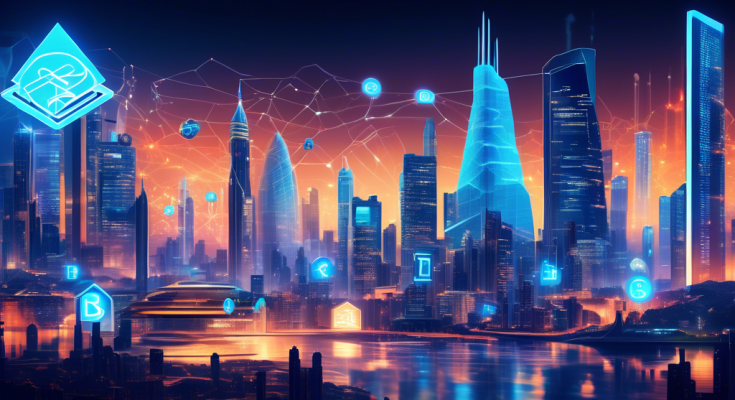 Create an image featuring a futuristic cityscape with elements symbolizing both traditional finance and cryptocurrency. In the foreground, depict a PayPal building with a large, illuminated logo, surrounded by digital symbols representing various cryptocurrencies like Bitcoin, Ethereum, and others. The scene should convey a sense of innovation and technological advancement, blending the worlds of conventional banking and digital currency. Include abstract representations of blockchain networks subtly integrated into the city’s architecture to emphasize the seamless integration of PayPal's crypto ventures.