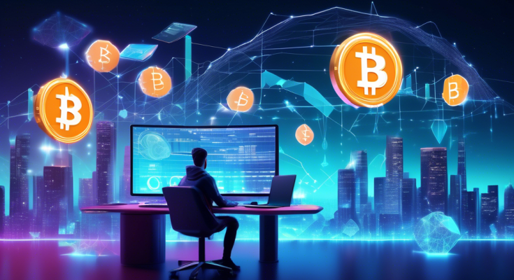 Create an image of a futuristic digital landscape that symbolizes the world of cryptocurrency trading. Include elements such as glowing Bitcoins and Ethereum symbols floating in the air, a young person sitting at a state-of-the-art computer surrounded by holographic charts and graphs, and a digital wallet icon displaying fluctuating values. The scene should blend technology with an inviting sense of adventure, highlighting the concept of a beginner stepping into the dynamic world of crypto trading.