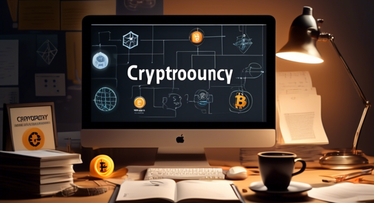 Create an image that showcases an inviting and educational scene for beginners getting started with cryptocurrency trading. The scene should include a cozy home office setup with a computer displaying a cryptocurrency trading platform. On the desk, there are educational books about cryptocurrency, a notepad with scribbled notes, and a hot cup of coffee. The room is softly lit and has a motivational poster on the wall that reads Begin Your Crypto Journey. Include subtle details like a globe or a clock showing the international nature of cryptocurrency. The overall atmosphere should be encouraging and focused on learning.