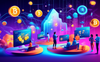 Create an image of a futuristic, digital landscape where diverse characters are interacting with floating, holographic screens displaying cryptocurrency icons. Some characters are using laptops or smartphones showing cryptocurrency mining or trading apps, while others are engaged in virtual educational workshops. The scene should be vibrant and energetic, with colorful digital currency symbols like Bitcoin, Ethereum, and others floating in the air, symbolizing the concept of earning free cryptocurrency through various online activities and resources.