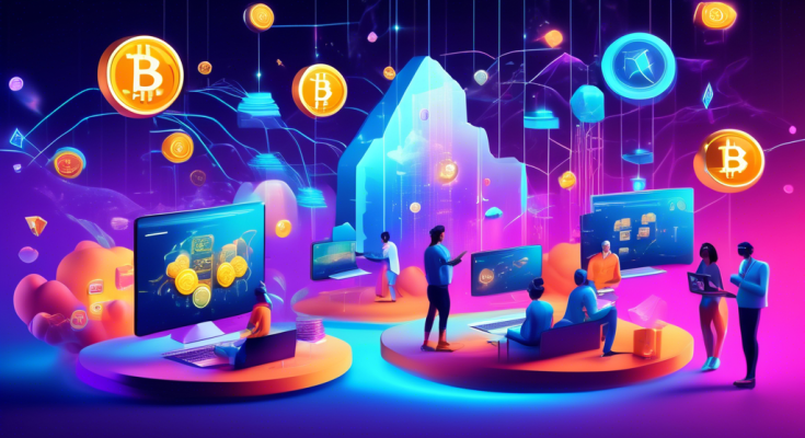 Create an image of a futuristic, digital landscape where diverse characters are interacting with floating, holographic screens displaying cryptocurrency icons. Some characters are using laptops or smartphones showing cryptocurrency mining or trading apps, while others are engaged in virtual educational workshops. The scene should be vibrant and energetic, with colorful digital currency symbols like Bitcoin, Ethereum, and others floating in the air, symbolizing the concept of earning free cryptocurrency through various online activities and resources.