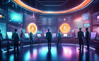 Create an image depicting a futuristic trading floor filled with advanced screens displaying real-time data and charts of various cryptocurrencies. In the center, a group of sleek, intelligent robots actively engaging in trading activities using sophisticated algorithms. The atmosphere is vibrant with beams of digital information and holograms illustrating profitable trades. The scene should convey a sense of high-tech innovation and the efficiency of automated crypto trading in maximizing profits.