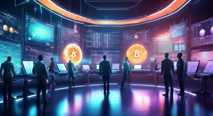 Create an image depicting a futuristic trading floor filled with advanced screens displaying real-time data and charts of various cryptocurrencies. In the center, a group of sleek, intelligent robots actively engaging in trading activities using sophisticated algorithms. The atmosphere is vibrant with beams of digital information and holograms illustrating profitable trades. The scene should convey a sense of high-tech innovation and the efficiency of automated crypto trading in maximizing profits.