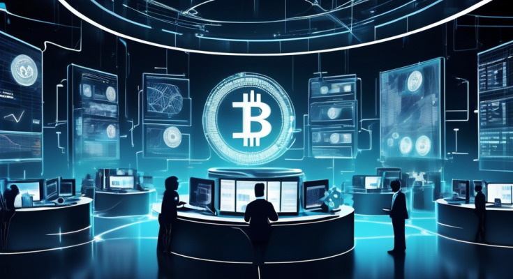 Create an image of a futuristic stock exchange featuring digital screens showcasing various cryptocurrencies, with a diverse group of experts analyzing data on sleek, high-tech devices. The scene should convey a sense of innovation and modern financial dynamics, with prominent, artistic representations of popular cryptocurrencies like Bitcoin, Ethereum, and Solana subtly integrated into the environment.