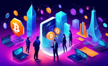 Create an image showcasing a futuristic and vibrant digital marketplace scene set in 2023, featuring various fictional logos of top cryptocurrency exchanges. The scene should include diverse people from around the world engaging in virtual reality trading, with holographic charts and graphs displaying rising trends. Integrate elements of blockchain networks hovering above the bustling, high-tech environment, capturing the dynamic and interconnected nature of the cryptocurrency world.