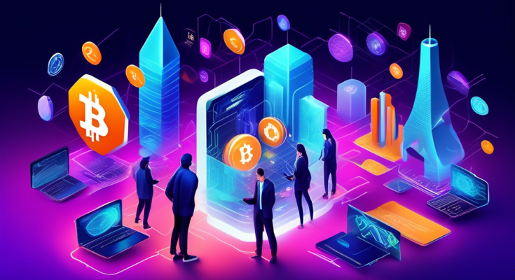 Create an image showcasing a futuristic and vibrant digital marketplace scene set in 2023, featuring various fictional logos of top cryptocurrency exchanges. The scene should include diverse people from around the world engaging in virtual reality trading, with holographic charts and graphs displaying rising trends. Integrate elements of blockchain networks hovering above the bustling, high-tech environment, capturing the dynamic and interconnected nature of the cryptocurrency world.