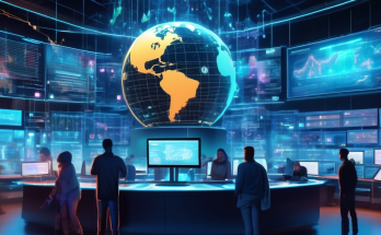 Create an image depicting a futuristic scene inside a US crypto exchange hub. The interior is filled with holographic screens displaying digital asset trading charts, while people from diverse backgrounds analyze the data. In the center, a prominent digital globe highlights the interconnectedness of global digital asset markets. Incorporate elements of digital security, such as blockchain symbols and secure locks, to emphasize the security measures in place. The atmosphere should be high-tech and bustling, illustrating the vital role of these exchanges in the evolving digital asset market.