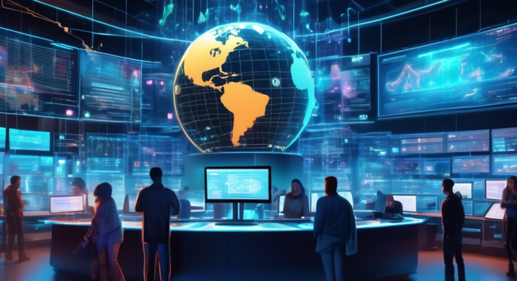 Create an image depicting a futuristic scene inside a US crypto exchange hub. The interior is filled with holographic screens displaying digital asset trading charts, while people from diverse backgrounds analyze the data. In the center, a prominent digital globe highlights the interconnectedness of global digital asset markets. Incorporate elements of digital security, such as blockchain symbols and secure locks, to emphasize the security measures in place. The atmosphere should be high-tech and bustling, illustrating the vital role of these exchanges in the evolving digital asset market.